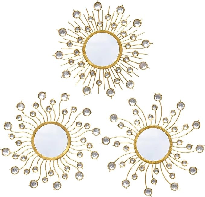 wotieuns Mirror Wall Decor Wall Mirrors Decorative Sunburst Boho Mirror Gold Mirror Wall Art Metal Decor Mirror Hanging Living Room Bedroom Bathroom Set of 3