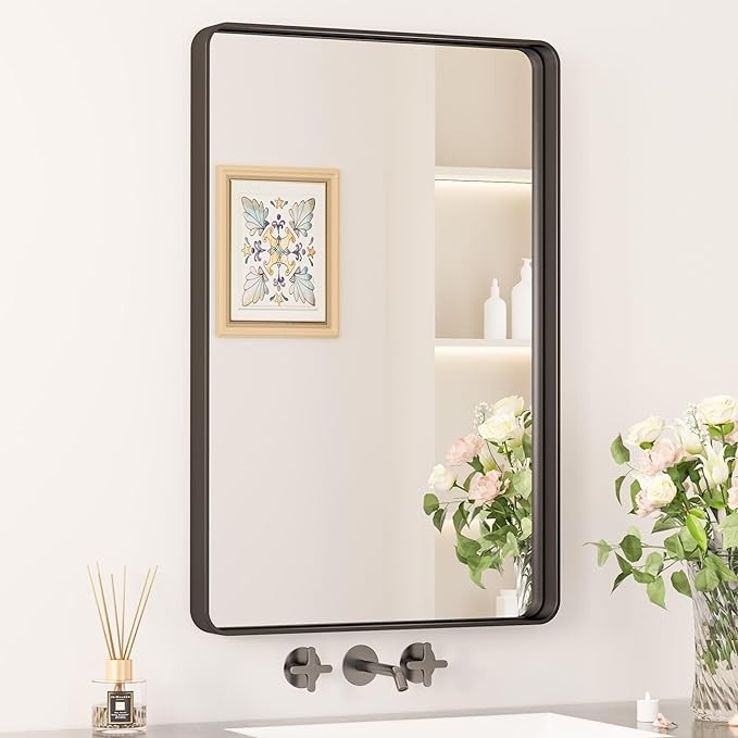 Keonjinn Black Metal Framed Bathroom Mirrors for Wall, 20 x 30 Inch Rounded Rectangle Bathroom Vanity Mirror, Matte Black Farmhouse Mirror with Seamless Frame, HD Tempered Glass(Horizontal/Vertical)
