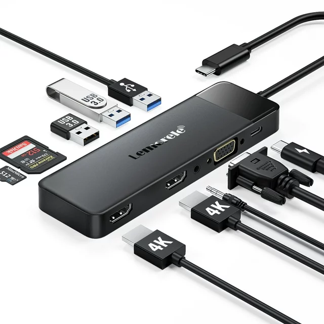 Lemorele 10-in-1 USB C Hub USB C Adapter with 4K 2 HDMI Ports VGA Output 100W Power Delivery