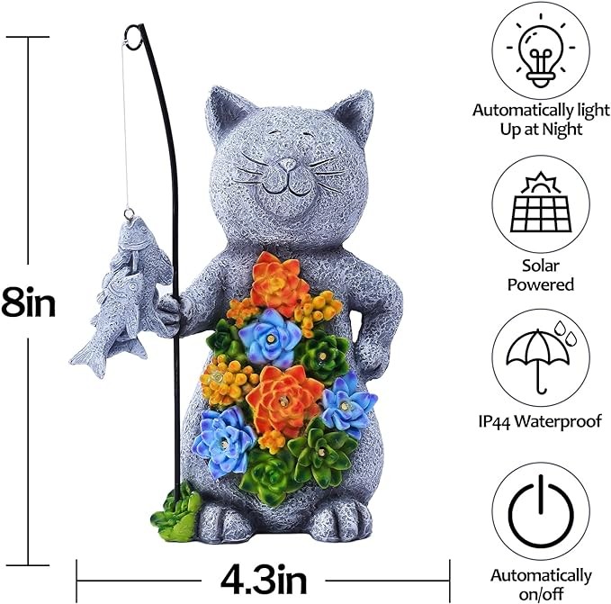 Solar Garden Statue Cat Figurine,Outside Cat Decor with Fishing Styling Perfect for Gift Garden Decor or Housewarming for Cat Lovers