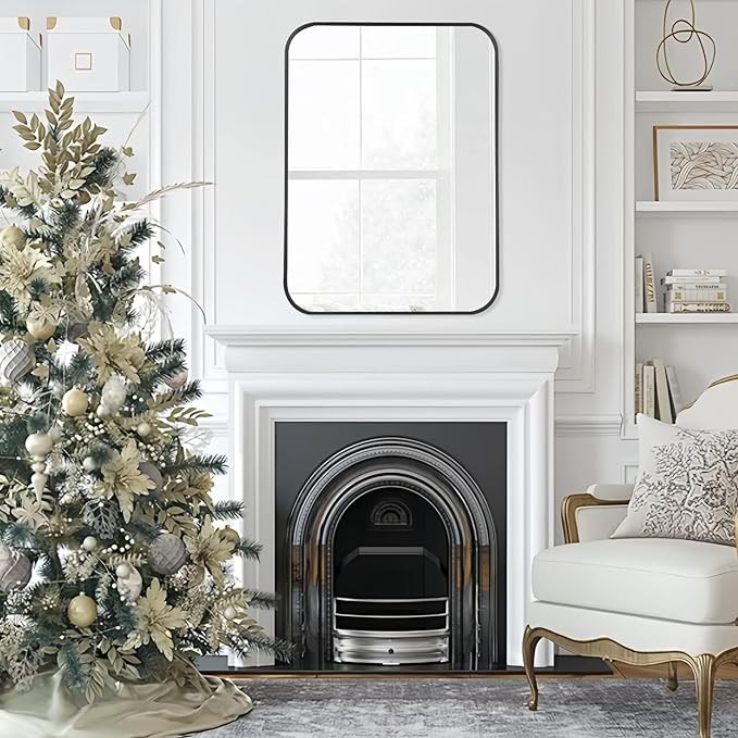 FARMER 20x28 Inch Rectangle Bathroom Mirror, Brushed Black Vanity Mirrors for Wall, Metal Frame Wall Mirror, Vanity Mirror with Round Corner for Bedrooms, Entryways, Living Rooms, Horizontal/Vertical