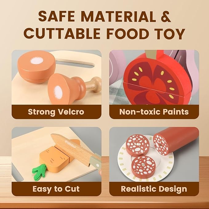 Pithfor Play Knife Set, Play Kitchen Accessories, Wooden Pretend Play Food Set Toys for Kids Toddlers, Gifts for 2 3 4 Years Old Girls Boys