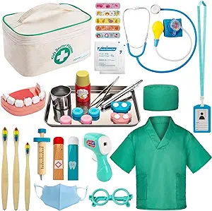 Juboury Doctor Kit for Kids 34Pcs Toy Medical Kit with Stain Steel Stethoscope, Flashlight, Tray, Iodine Cup, Wooden Accessories, Dress Up Costume and Doctor Bag for Kids, Girls, Boys, Toddlers